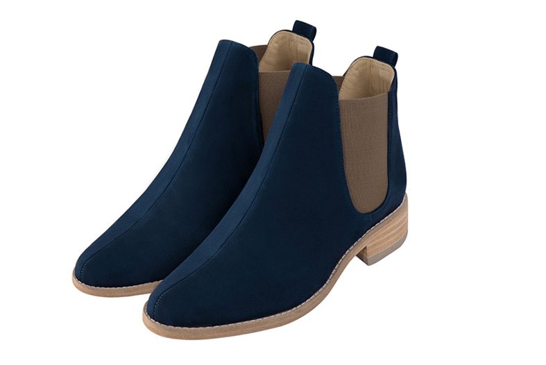 Navy blue and taupe brown women's ankle boots, with elastics. Round toe. Flat leather soles. Front view - Florence KOOIJMAN
